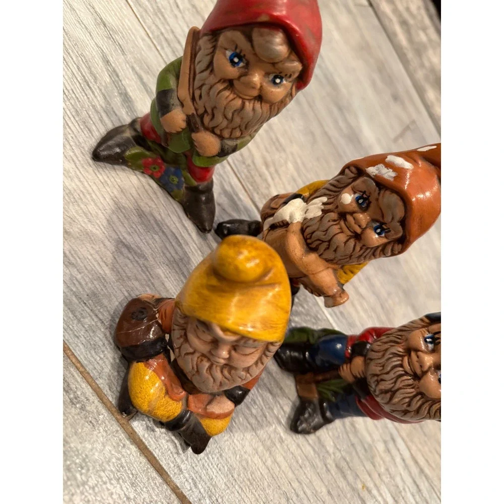 Garden Gnome Figurines Hand Painted Ceramic Set of 4 Fairy 70s Retro Decor Art